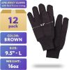 12 Pack Red Fleece Lined Brown Jersey Gloves 9.5" Winter Work Gloves 16OZ with Elastic Wrist Gunn Cut Pattern; Plain Breathable Glove; Protective Indu