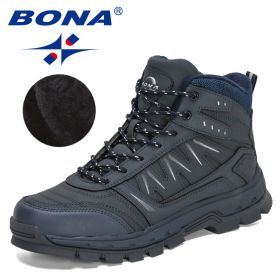 BONA 2022 New Designers Action Leather Winter Warm Snow Boots Men Plush Boots Work Shoes Man High Top Footwear Rubber Mansculino (Color: Deep blue S gray, size: 8.5)